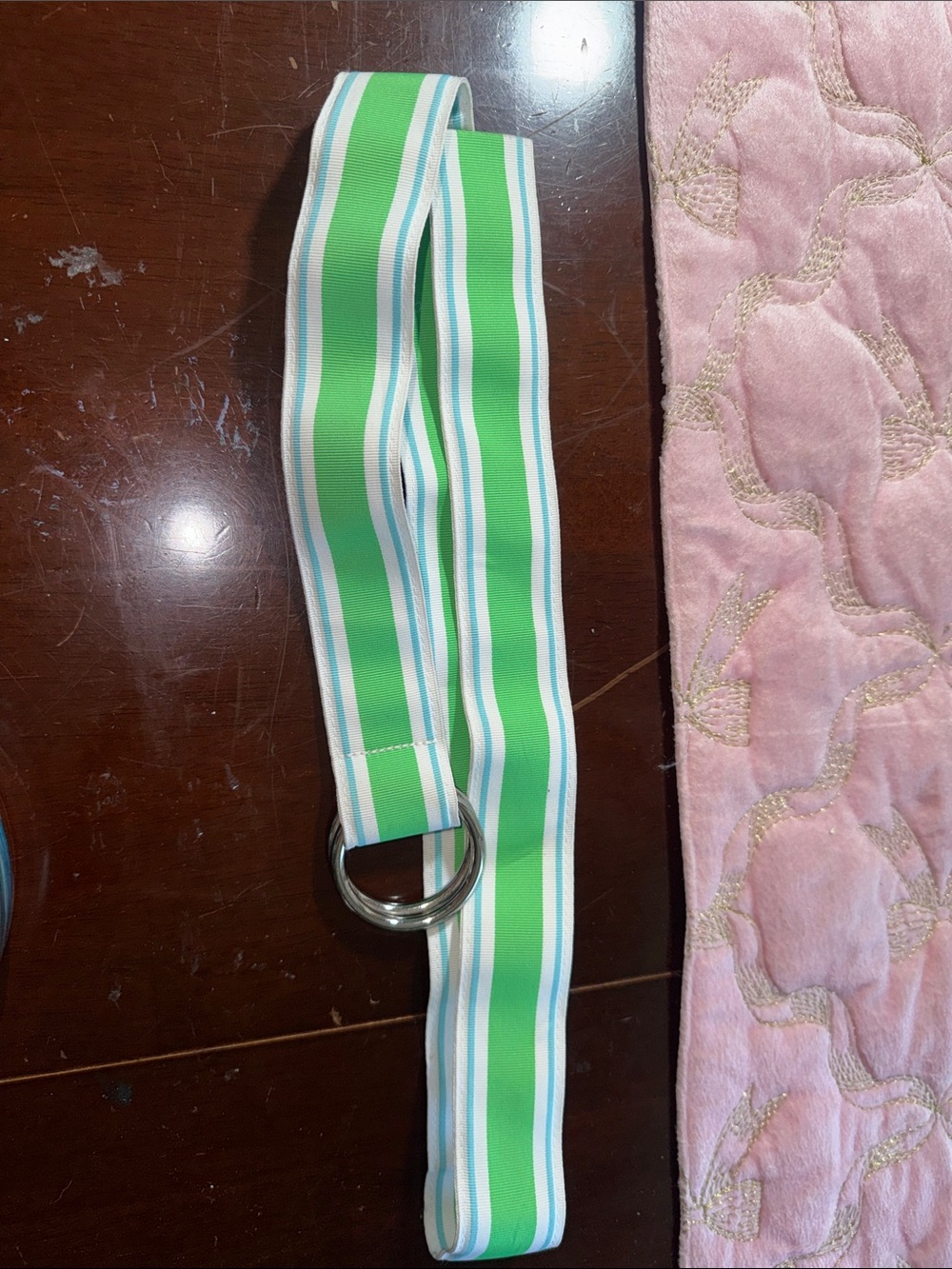 70s style Green and White Striped belt with Metal Rings